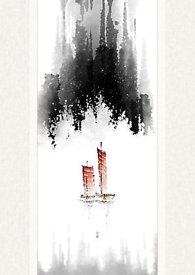 PSD 나무 바다 일러스트 캘리그라피 자연 붓터치 산 풍경 사람없음 물 강 숲 돛단배 동양화 번짐 낙관 산수화 국내일러스트 자연요소 식물 배_교통 미술 생태계 파일형식 효과