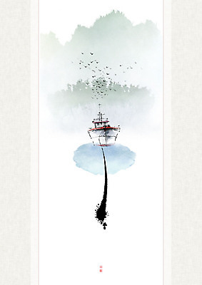 PSD 나무 바다 일러스트 캘리그라피 자연 조류 붓터치 산 풍경 사람없음 물 강 항구 숲 정박 동양화 번짐 낙관 산수화 정박어선 국내일러스트 자연요소 식물 동물 배_교통 교통시설 미술 어선 생태계 파일형식 효과