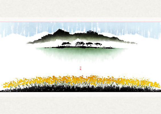 PSD 나무 꽃 밭 일러스트 캘리그라피 자연 조류 붓터치 산 초가집 풍경 사람없음 시골 숲 동양화 번짐 낙관 산수화 민가 국내일러스트 식물 동물 농업 한옥 미술 생태계 파일형식 효과