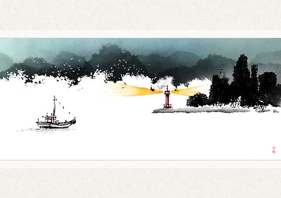 PSD 나무 바다 일러스트 캘리그라피 자연 조류 붓터치 산 등대 풍경 사람없음 물 항구 어선 숲 동양화 번짐 낙관 산수화 국내일러스트 자연요소 식물 동물 배_교통 교통시설 미술 생태계 파일형식 효과