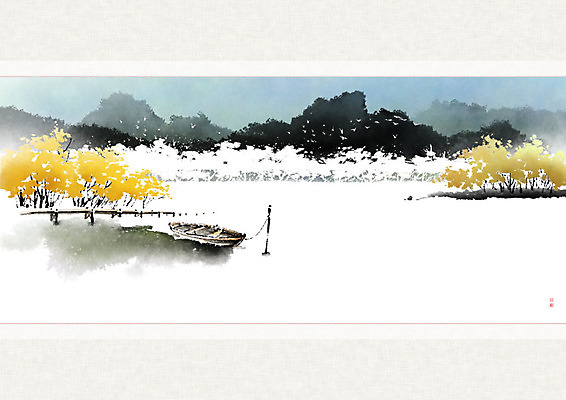 PSD 나무 일러스트 캘리그라피 자연 조류 붓터치 산 풍경 사람없음 물 강 숲 강가 정박 동양화 번짐 낙관 나루터 산수화 국내일러스트 자연요소 식물 동물 배_교통 미술 항구 생태계 파일형식 효과