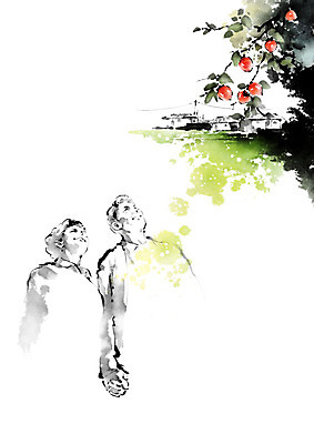 PSD 여자 할아버지 남자 행복 할머니 밭 일러스트 캘리그라피 붓터치 수채화 주택 논 감 사람 풍경 두명 농가 농사 노부부 농촌 감나무 번짐 귀농 풍경화 노인만 국내일러스트 나무 부부 노년 감정 농업 과일 건물 농장 시골 그림 성인만 파일형식 효과