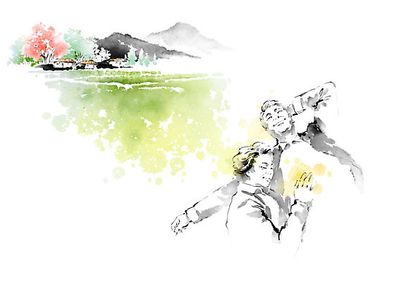 PSD 나무 여자 남자 행복 밭 일러스트 캘리그라피 붓터치 수채화 산 논 초가집 사람 풍경 두명 농사 노부부 농촌 번짐 귀농 풍경화 노인만 국내일러스트 식물 부부 감정 농업 한옥 시골 그림 성인만 파일형식 효과