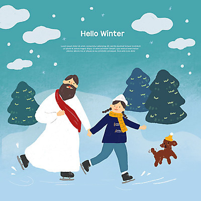 PSD 나무 구름 여자 남자 기독교 어린이 겨울 일러스트 털모자 사람 두명 귀여움 목도리 스케이트 눈 예수 강아지 즐거움 청록색 얼음판 국내일러스트 자연요소 식물 모자_잡화 잡화 계절 감정 종교 스포츠용품 컬러 컨셉 날씨 반려동물 얼음 신_종교 개 파일형식