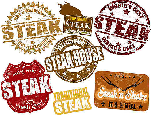 EPS 해외이미지 영어 일러스트 스테이크 사람없음 세트 도장 갈색 라벨 해외일러스트 문자 컬러 프레임 서양음식 파일형식 벡터 이미지허브