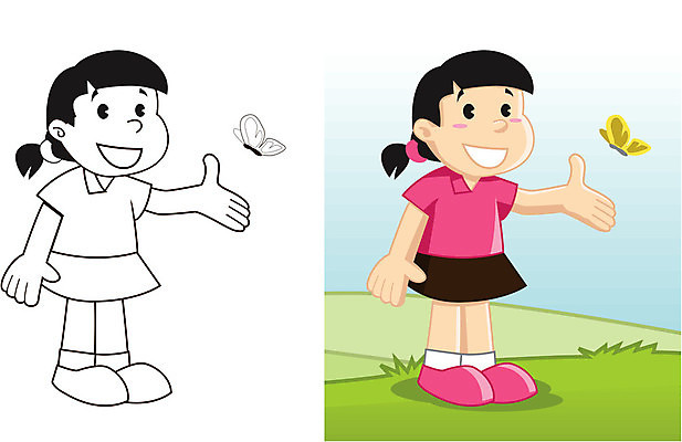 EPS 해외이미지 행복 나비 밭 일러스트 놀이 하늘 초록색 달리기 만화 언덕 해외일러스트 감정 컬러 곤충 농업 모션 파일형식 벡터 이미지허브