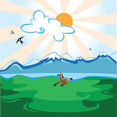 EPS 해외이미지 밭 일러스트 조류 하늘 산 달리기 태양 자유 허브 망아지 스텝 해외일러스트 자연요소 식물 동물 새끼 컨셉 농업 모션 말_동물 파일형식 벡터 이미지허브