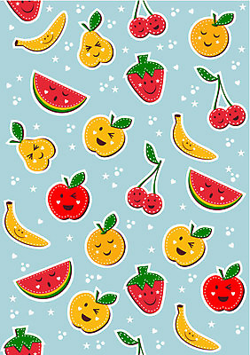 EPS 해외이미지 무료이미지 하늘색 백그라운드 패턴 오렌지 일러스트 수박 바나나 사람없음 패턴백그라운드 하트 체리 사과 과일캐릭터 해외일러스트 일러캐릭터 모양 캐릭터 무늬 과일 파란색 파일형식 벡터 이미지허브