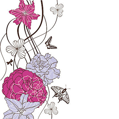 EPS 해외이미지 꽃 나비 백그라운드 잎 일러스트 추상 사람없음 귀여움 화려 우아함 자주색 스타일 해외일러스트 식물 컬러 곤충 컨셉 무늬 파일형식 벡터 이미지허브