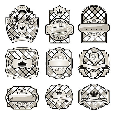 EPS 해외이미지 리본 스티커 일러스트 왕관 사람없음 세트 라벨 빈티지 심볼 복고 체크무늬 고딕 고딕양식 아이보리 해외일러스트 컬러 컨셉 무늬 프레임 파일형식 벡터 이미지허브