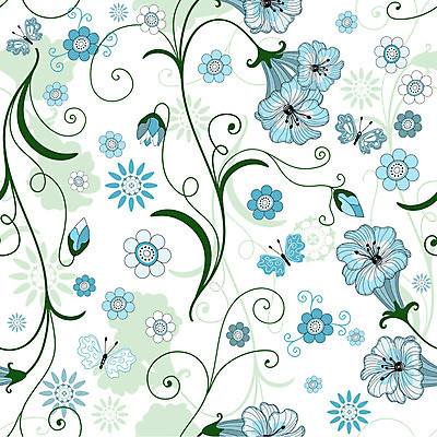 EPS 해외이미지 디자인 꽃 줄기 하늘색 나비 백그라운드 잎 꽃무늬 여러마리 일러스트 사람없음 화려 해외일러스트 식물 다수 곤충 컨셉 무늬 파란색 파일형식 벡터 이미지허브