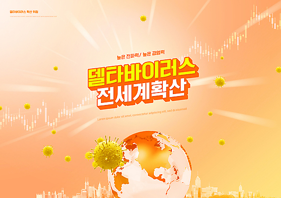 PSD 편집이미지 지구 타이포그라피 사람없음 글로벌 주황색 도시 위험 사회이슈 전염 전파 코로나바이러스 확산 델타변이바이러스 이미지편집 문자 컬러 컨셉 바이러스 질병 감염 파일형식