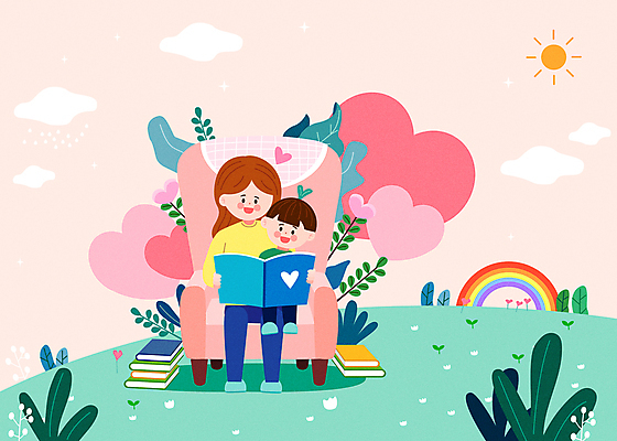 전신 구름 여자 남자 어린이 분홍색 무지개 일러스트 함께함 들기 앉기 소년 성인 두명 책 소파 독서 태양 새싹 육아 하트 풀 책더미 국내일러스트 AI파일 모자관계 자연요소 모양 식물 아들 컬러 컨셉 의자 가족 모션 엄마 사람 무더기 파일형식 벡터