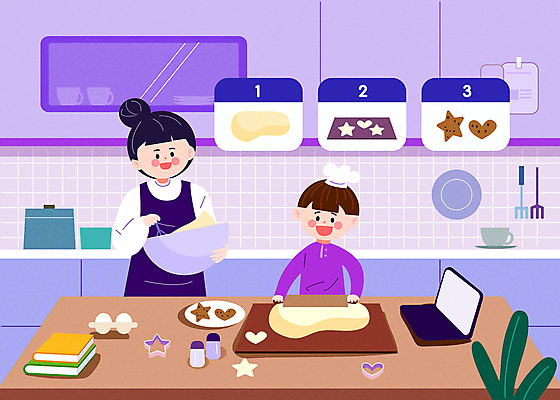 여자 남자 어린이 일러스트 도마 함께함 들기 소년 상반신 성인 두명 책 노트북 쿠키 제과 주방 계란 보라색 육아 조리대 반죽 반죽밀대 믹싱볼 국내일러스트 AI파일 모자관계 그릇 아들 컬러 컨셉 가족 모션 엄마 주방용품 디저트 사람 전자제품 제과제빵 알 밀대 파일형식 벡터