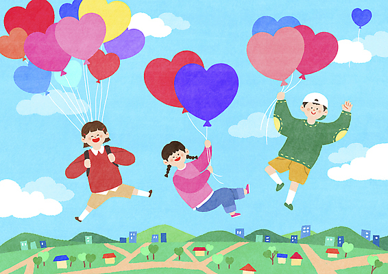 전신 PSD 구름 여자 남자 행복 어린이 일러스트 하늘 산 주택 사랑 소녀 소년 건물 세명 마을 기쁨 하트 비행 잡기 즐거움 하트풍선 어린이만 국내일러스트 자연요소 모양 건축물 감정 모션 사람 풍선 파일형식