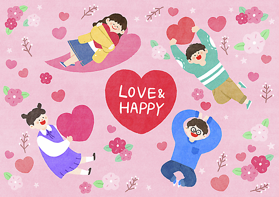 전신 PSD 여자 남자 꽃 행복 어린이 분홍색 잎 일러스트 안기 사랑 들기 소녀 소년 여러명 타이포그라피 기쁨 하트 손하트 어린이만 안경낌 국내일러스트 모양 식물 문자 감정 안경 컬러 다수 모션 사람 손짓 파일형식