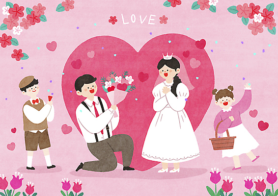 전신 PSD 커플 여자 남자 꽃 행복 어린이 분홍색 꽃다발 결혼 프로포즈 일러스트 폭죽 사랑 들기 소녀 소년 여러명 성인 바구니 기쁨 하트 축하 무릎꿇기 뿌리기 꽃가루 신랑신부 국내일러스트 모양 식물 감정 신부_웨딩 컬러 다수 신랑 컨셉 관계 모션 사람 이벤트 가루 파일형식