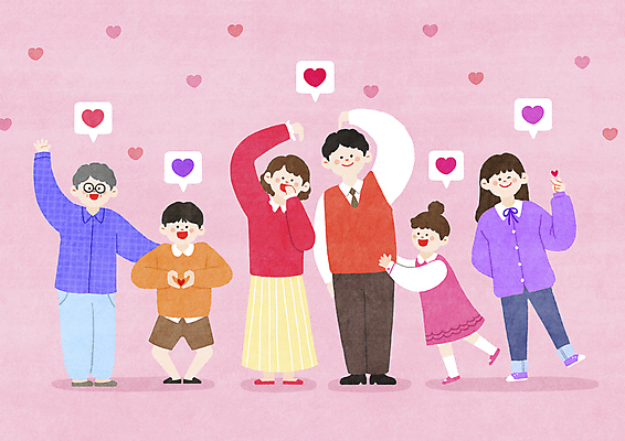 전신 PSD 여자 할아버지 노년 남자 행복 어린이 분홍색 말풍선 일러스트 대가족 가족애 서기 소녀 소년 여러명 성인 부모 손들기 기쁨 자녀 하트 손주 애정표현 손하트 국내일러스트 모양 감정 컬러 다수 가족 모션 사랑 사람 손짓 표현 파일형식