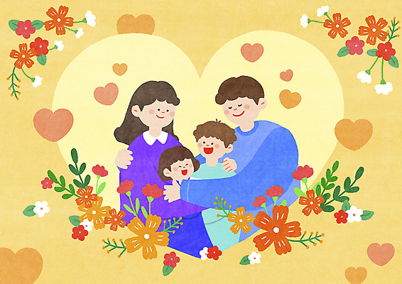 PSD 여자 남자 꽃 행복 어린이 잎 일러스트 가족 포옹 가족애 미소 소녀 소년 여러명 상반신 성인 노란색 눈감음 화목 기쁨 하트 국내일러스트 모양 식물 감정 컬러 다수 컨셉 관계 안기 모션 표정 사랑 사람 파일형식