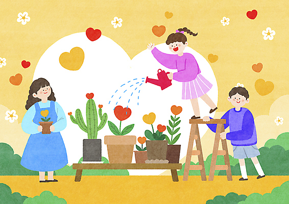 전신 PSD 여자 남자 꽃 행복 화분 어린이 일러스트 사다리 선인장 사랑 서기 들기 소녀 소년 세명 노란색 기쁨 물뿌리개 하트 잡기 풀 물주기 원예 화단 어린이만 국내일러스트 모양 식물 감정 컬러 모션 사람 취미 도구 파일형식