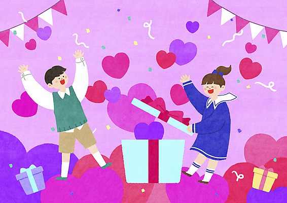 전신 PSD 여자 남자 행복 어린이 일러스트 사랑 소녀 소년 두명 선물상자 파티 보라색 놀람 기쁨 만세 하트 잡기 오픈 꽃가루 서프라이즈 가랜드 어린이만 국내일러스트 모양 감정 컬러 컨셉 모션 표정 선물 사람 이벤트 상자 가루 파티용품 파일형식