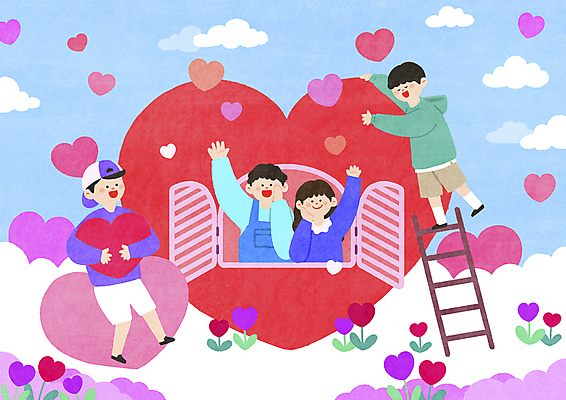 전신 PSD 구름 여자 남자 꽃 행복 어린이 일러스트 사다리 창문 안기 하늘 주택 사랑 소녀 소년 여러명 상반신 기댐 턱괴기 기쁨 하트 손인사 어린이만 국내일러스트 자연요소 모양 식물 감정 다수 모션 사람 건물 도구 인사 파일형식