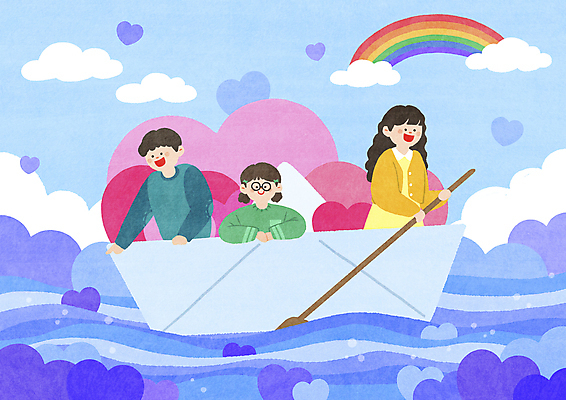 PSD 구름 여자 남자 행복 어린이 여행 하늘색 무지개 일러스트 하늘 사랑 소녀 소년 상반신 세명 강 기쁨 하트 가리킴 잡기 승차 구경 노 종이배 노젓기 어린이만 국내일러스트 자연요소 모양 감정 모션 사람 손짓 파란색 종이접기 선박 파일형식