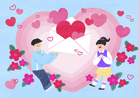 전신 PSD 커플 여자 남자 꽃 행복 프로포즈 잎 일러스트 편지봉투 사랑 들기 성인 두명 기쁨 하트 편지 애정표현 전달 성인만 국내일러스트 모양 식물 감정 관계 모션 봉투 사람 표현 파일형식