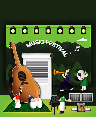 전신 여자 남자 음악 일러스트 서기 들기 앉기 여러명 성인 초록색 카메라 헤드셋 무대 기타 악보 북 마이크 오디오 트럼펫 앰프 음악축제 성인만 국내일러스트 AI파일 컬러 음향기기 다수 모션 현악기 문화예술 타악기 사람 전자제품 축제 헤드폰 금관악기 파일형식 벡터