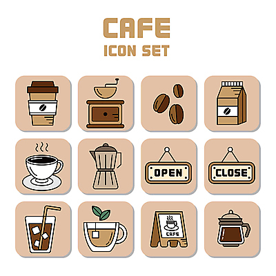 아이콘 커피 간판 사람없음 세트 갈색 카페 원두 오픈 차 커피잔 커피포트 컵받침 원두커피 그라인더 아이스커피 베이지색 클로즈 테이크아웃컵 2025년 원두봉투 트렌드컬러 2D아이콘 모카무스 AI파일 음료 컬러 주전자 봉투 잔 컵 상점 연도 받침대 커피용품 파일형식 벡터