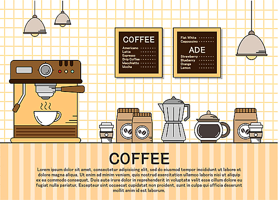 아이콘 커피 주전자 조명 사람없음 세트 주황색 카페 원두 커피잔 커피포트 커피메이커 메뉴판 테이크아웃컵 원두봉투 2D아이콘 AI파일 음료 컬러 주방용품 봉투 잔 컵 상점 커피용품 파일형식 벡터