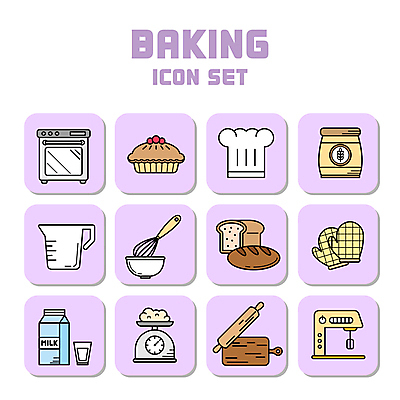 아이콘 디저트 요리사모자 저울 사람없음 세트 보라색 빵집 우유 오븐 반죽 파이 밀가루 제빵 거품기 밀가루반죽 주방장갑 계량컵 나무도마 반죽기 반죽밀대 2D아이콘 AI파일 모자_잡화 음식 빵 컬러 장갑 주방용품 유제품 도마 목재 컵 제과제빵 상점 요리사 가전제품 가루 밀대 계량 파일형식 벡터