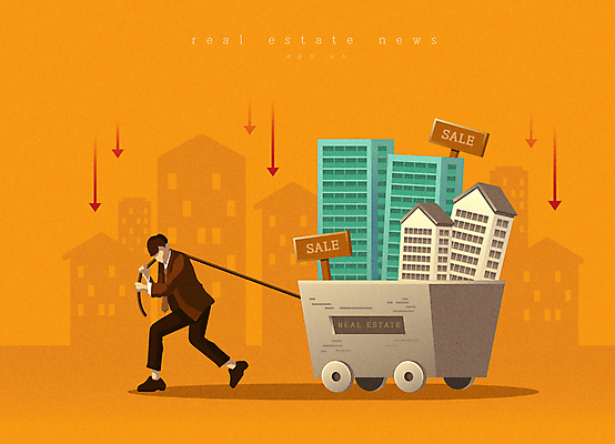 전신 남자 화살표 일러스트 부동산 한명 들기 성인 건물 세일 주황색 수레 표지판 비즈니스맨 뉴스 사회이슈 부동산매매 부동산가격 부동산시장 수레끌기 집값하락 성인남자한명만 국내일러스트 AI파일 1 건축물 컬러 컨셉 비즈니스 모션 알림판 사람 카트 직장인 시장 재산 당기기 하락 남자한명만 성인남자만 파일형식 벡터