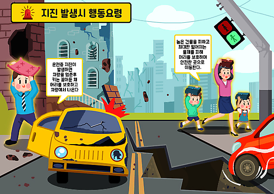 전신 PSD 여자 남자 도로 어린이 말풍선 가방 일러스트 자동차 벽돌 들기 소녀 소년 여러명 성인 건물 신호등 자연재해 대피 머리보호 사이렌 지진 매뉴얼 행동요령 국내일러스트 건축물 잡화 길 육상교통 다수 교통시설 모션 안전 사람 재해 파일형식