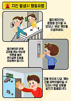 전신 PSD 여자 남자 어린이 일러스트 소녀 소년 여러명 상반신 노란색 계단 엘리베이터 자연재해 탈출 비상계단 손뻗기 비상구 갇힘 비상버튼 사이렌 지진 매뉴얼 행동요령 국내일러스트 컬러 다수 컨셉 모션 버튼 안전 사람 재해 파일형식