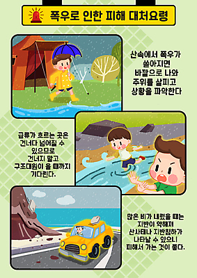 전신 PSD 나무 남자 어린이 일러스트 우산 자동차 텐트 장화 들기 소년 여러명 상반신 성인 운전 급류 자연재해 우비 고립 사이렌 산사태 지반침하 매뉴얼 남자만 행동요령 국내일러스트 식물 옷 육상교통 다수 신발 모션 캠핑도구 안전 사람 재해 파일형식