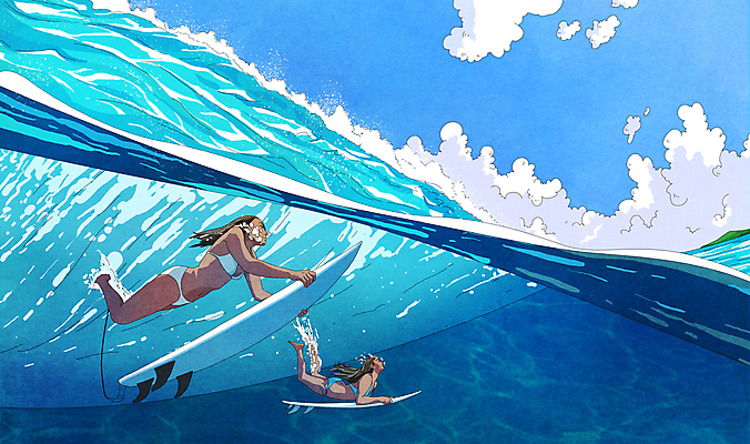 전신 PSD 구름 여자 수영복 파도 바다 일러스트 하늘 성인 두명 파란색 비키니 수영 서핑보드 서핑 시원함 잠수 서퍼 성인여자만 국내일러스트 자연요소 옷 컬러 운동선수 사람 수상스포츠 보드_스포츠 여자만 성인만 파일형식