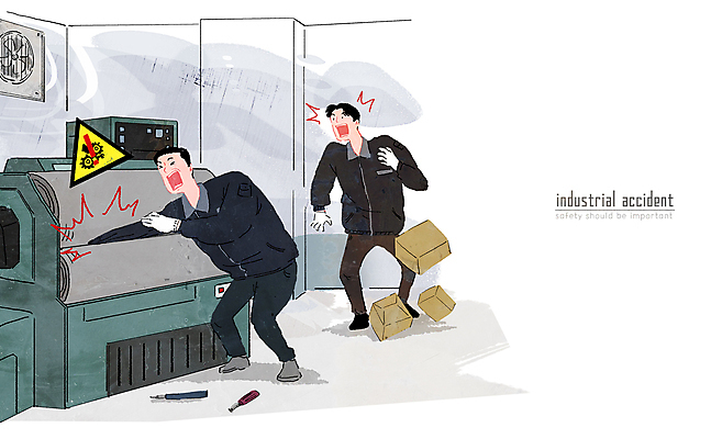 전신 PSD 남자 일러스트 공장 노동자 서기 성인 두명 상자 기계 놀람 떨어짐 위험 사건 직원 안전사고 산업재해 환풍기 손끼임 성인남자만 끼임 국내일러스트 직업 감정 산업 컨셉 공업 모션 표정 안전 사람 장비 재해 남자만 성인만 파일형식