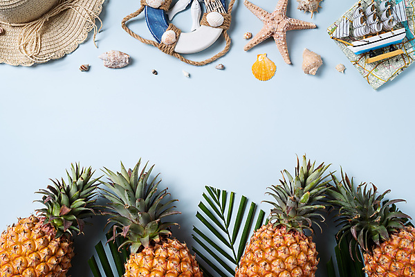 포토 JPG 해외이미지 하늘색 조개 나뭇잎 불가사리 바캉스용품 사람없음 여름휴가 바캉스 소라 파인애플 오브젝트 밀짚모자 튜브 모형배 해외포토 모자_잡화 잎 과일 휴가 어패류 극피동물 파란색 모형 열대과일 파일형식 여름_계절 이미지허브