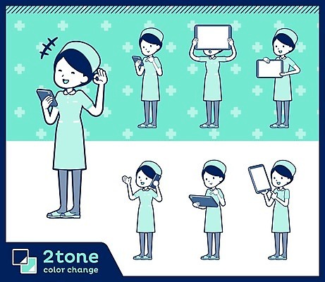 EPS 해외이미지 전신 디자인 여자 포즈 일러스트 아이디어 서기 들기 여러명 성인 파란색 스마트폰 세트 태블릿 간호사 전화기 통화 보여주기 성인여자만 해외일러스트 컬러 다수 컨셉 모션 사람 전자제품 핸드폰 스마트기기 의료진 여자만 성인만 파일형식 벡터 이미지허브