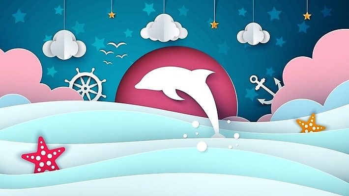 EPS 해외이미지 실루엣 별 바다 일러스트 불가사리 사람없음 파란색 페이퍼아트 돌고래 키_배핸들 닻 해외일러스트 자연요소 컬러 포유류 극피동물 촬영기법 수중동물 핸들 파일형식 벡터 이미지허브