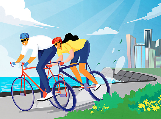 전신 구름 라이프스타일 여자 남자 일러스트 하늘 빌딩 성인 취미 두명 건물 선글라스 운동 자전거 도시 풀 승차 헬멧 즐거움 해안도로 성인만 국내일러스트 AI파일 자연요소 식물 건축물 감정 안경 도로 모션 건강 사람 생활 바이크 보호장비 파일형식 벡터