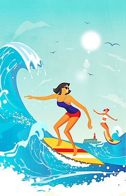 전신 라이프스타일 여자 파도 바다 일러스트 갈매기 하늘 팔벌리기 성인 취미 두명 여름 선글라스 햇빛 태양 수상스포츠 서핑보드 서핑 승차 즐거움 서퍼 성인여자만 국내일러스트 AI파일 자연요소 계절 감정 안경 스포츠 모션 조류 운동선수 사람 생활 보드_스포츠 여자만 성인만 파일형식 벡터