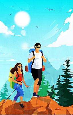 전신 나무 구름 라이프스타일 여자 남자 일러스트 조류 하늘 산 성인 취미 두명 선글라스 태양 등산 잡기 등산객 즐거움 오르기 등산가방 등산스틱 성인만 국내일러스트 AI파일 자연요소 식물 동물 감정 안경 가방 모션 사람 생활 트래킹 등산용품 파일형식 벡터