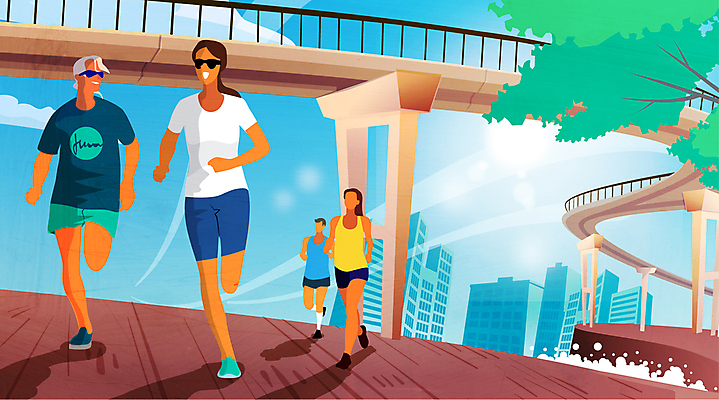 전신 라이프스타일 공원 여자 남자 일러스트 하늘 나뭇잎 빌딩 여러명 성인 취미 건물 선글라스 달리기 조깅 햇빛 즐거움 가교 성인만 국내일러스트 AI파일 건축물 공공시설 감정 안경 다수 잎 모션 사람 생활 운동 태양 파일형식 벡터