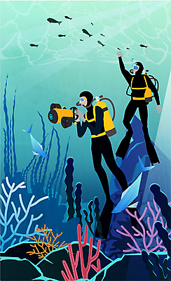 전신 라이프스타일 여자 남자 바다 일러스트 어류 들기 성인 취미 두명 촬영 바닷속 바위 수상스포츠 산호 오리발 즐거움 스쿠버다이빙 손인사 잠수복 산소통 스쿠버다이버 방수카메라 해초류 성인만 국내일러스트 AI파일 옷 감정 스포츠 모션 통 사람 생활 카메라 수중 수중동물 돌_바위 인사 해양식물 자포동물 파일형식 벡터