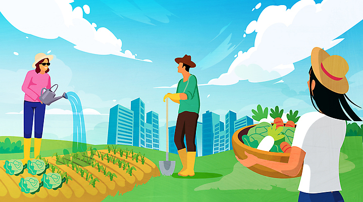 전신 구름 라이프스타일 여자 남자 일러스트 하늘 서기 들기 빌딩 상반신 성인 취미 건물 세명 바구니 농사 당근 물뿌리개 상추 무 삽 즐거움 물주기 밀짚모자 주말농장 텃밭 성인만 국내일러스트 AI파일 자연요소 모자_잡화 건축물 감정 밭 농업 채소 모션 뿌리채소 사람 생활 농장 파일형식 벡터