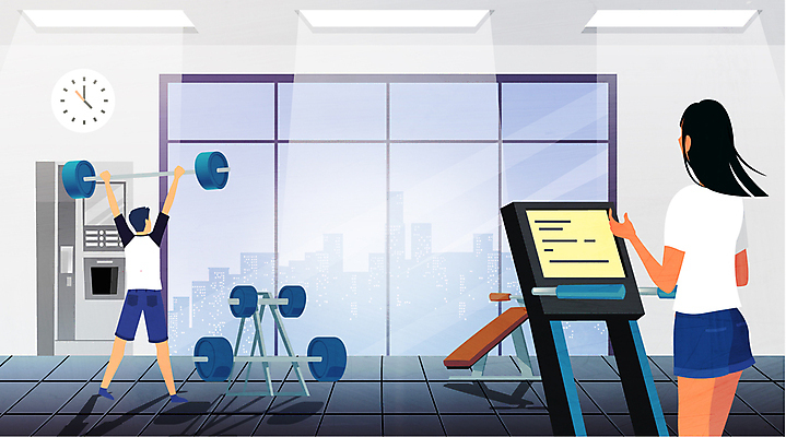 전신 라이프스타일 여자 남자 시계 일러스트 창문 서기 들기 상반신 성인 취미 두명 운동 건강관리 운동기구 헬스 헬스장 역기 즐거움 런닝머신 형광등 자판기 성인만 국내일러스트 AI파일 감정 모션 전등 건강 관리 사람 생활 파일형식 벡터