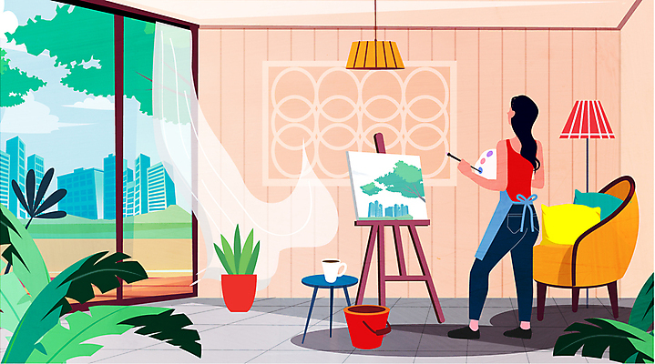 전신 라이프스타일 여자 화분 쿠션 거실 의자 일러스트 창문 집안 나뭇잎 조명 한명 서기 들기 빌딩 성인 취미 건물 앞치마 커튼 그리기 팔레트 커피잔 양동이 즐거움 이젤 캔버스 성인여자한명만 국내일러스트 AI파일 1 건축물 감정 커피 가구 잎 모션 잔 실내 사람 생활 미술도구 여자한명만 성인여자만 파일형식 벡터