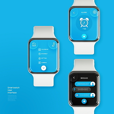 PSD 편집이미지 하늘색 사람모양 사람없음 스마트기기 카메라 자명종 알람 달력 메뉴 와이파이 UI 메신저 문자메시지 음성 인터페이스 채팅 환경설정 스마트워치 이미지편집 모양 시계 파란색 전자제품 메시지 무선인터넷 설정 웨어러블 파일형식